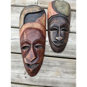 African Style Set Of Wood Face Mask Hand Carved Tribal Rustic